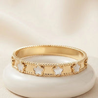 White Floral Motif Bangle - Anti Tarnish Gold Plated Bracelet