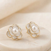 Elegant White Floral Pearl Stud Earrings