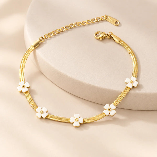 White Floral Snake Chain Bracelet Anti Tarnish Gold Plated