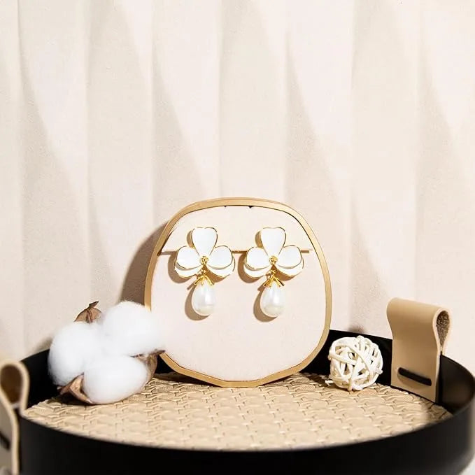 White Floral Pearl Drop Earrings – Elegant Gold-Tone Fashion Jewelry for Women