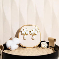 White Floral Pearl Drop Earrings – Elegant Gold-Tone Fashion Jewelry for Women