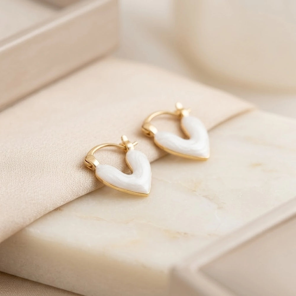 White Heart Enamel Hoop Earrings | Gold Plated Fashion Jewelry