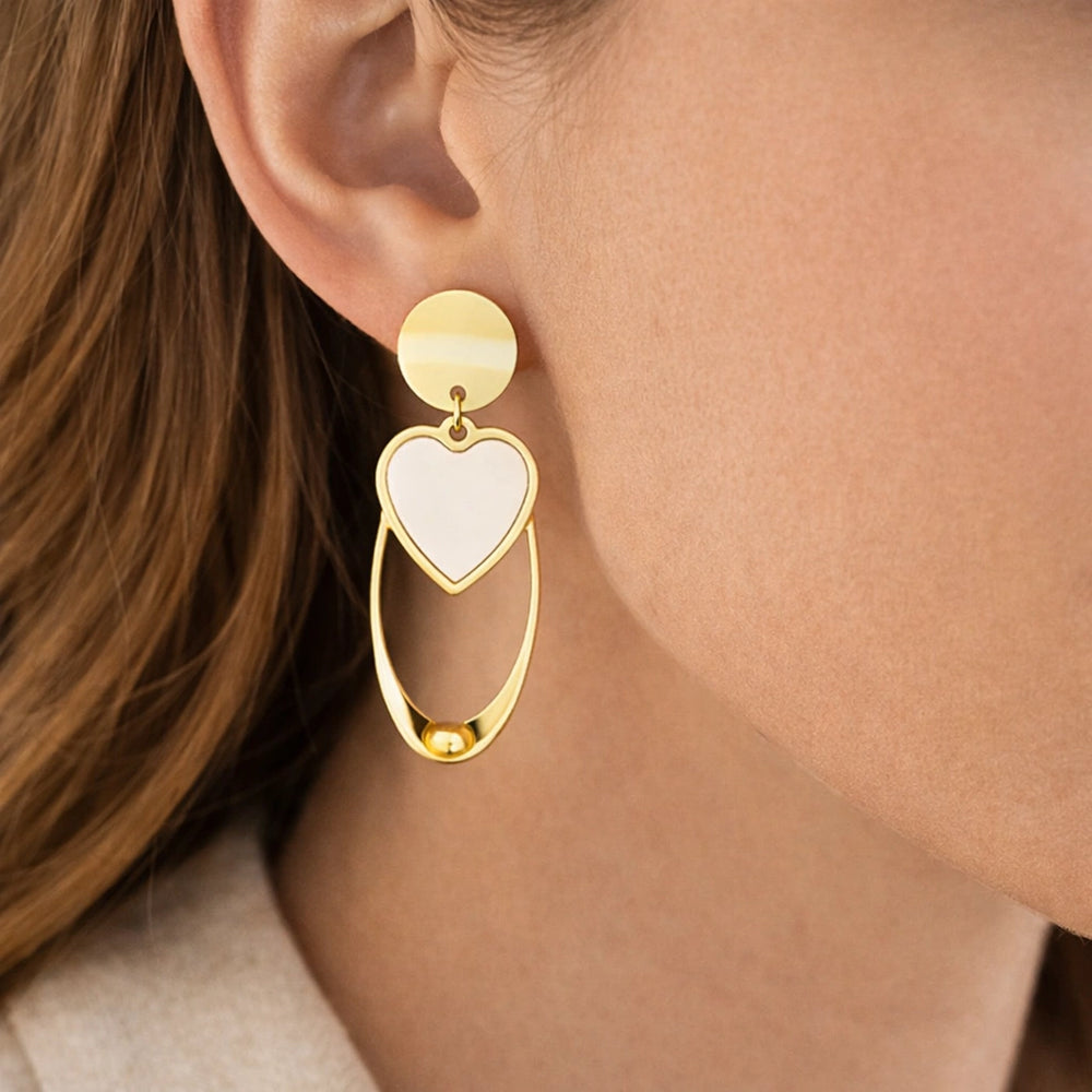 White Heart Oval Drop Earrings | Anti-Tarnish Gold Plated