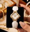Vintage Clover Gold-Plated Watch with White Leather Strap | Anti-Tarnish