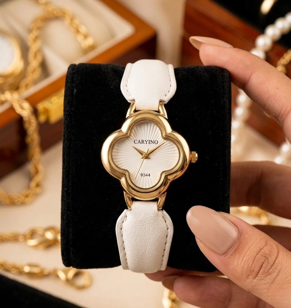 Vintage Clover Gold-Plated Watch with White Leather Strap | Anti-Tarnish