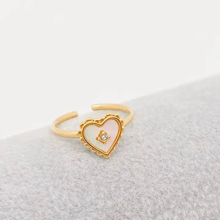 Dainty Gold Heart Adjustable Fashion Ring - White Pearl Inlay