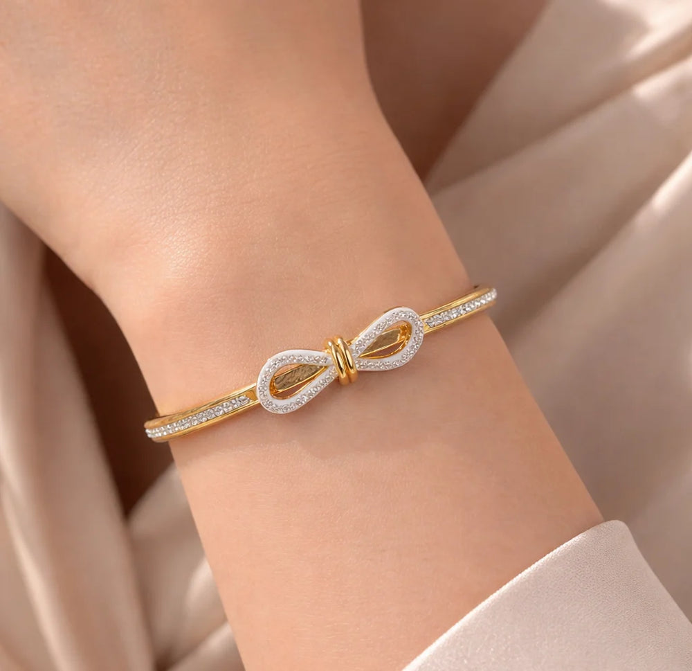 Crystal Bow Knot Bracelet - Anti-Tarnish Gold Plated Bangle for Women