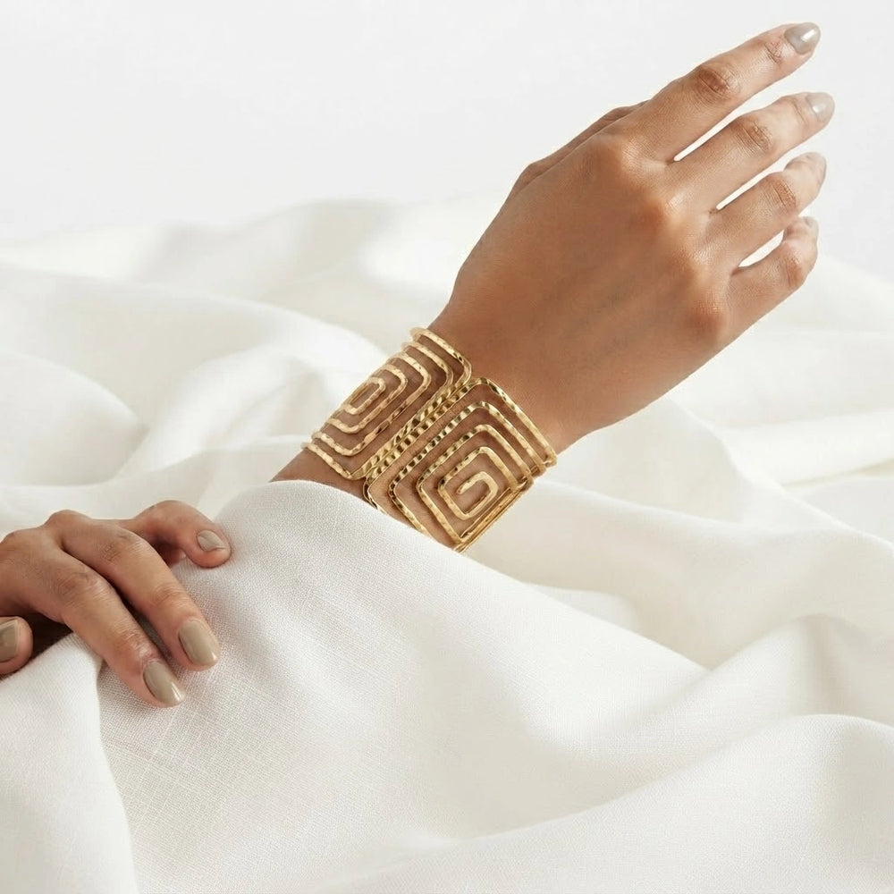 Geometric Statement Cuff Bracelet - Wide Textured Bangle