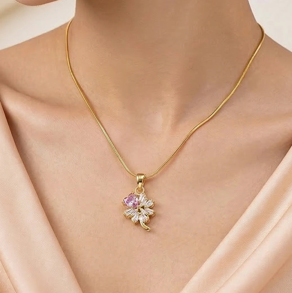 Pink Heart Clover Pendant Necklace | Anti-Tarnish Gold Plated Jewelry