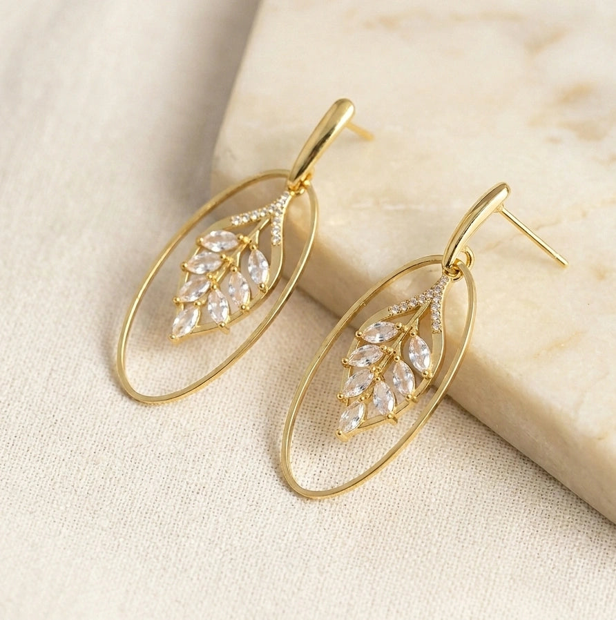 Leaf Motif Crystal Oval Drop Earrings - Anti Tarnish Gold Plated