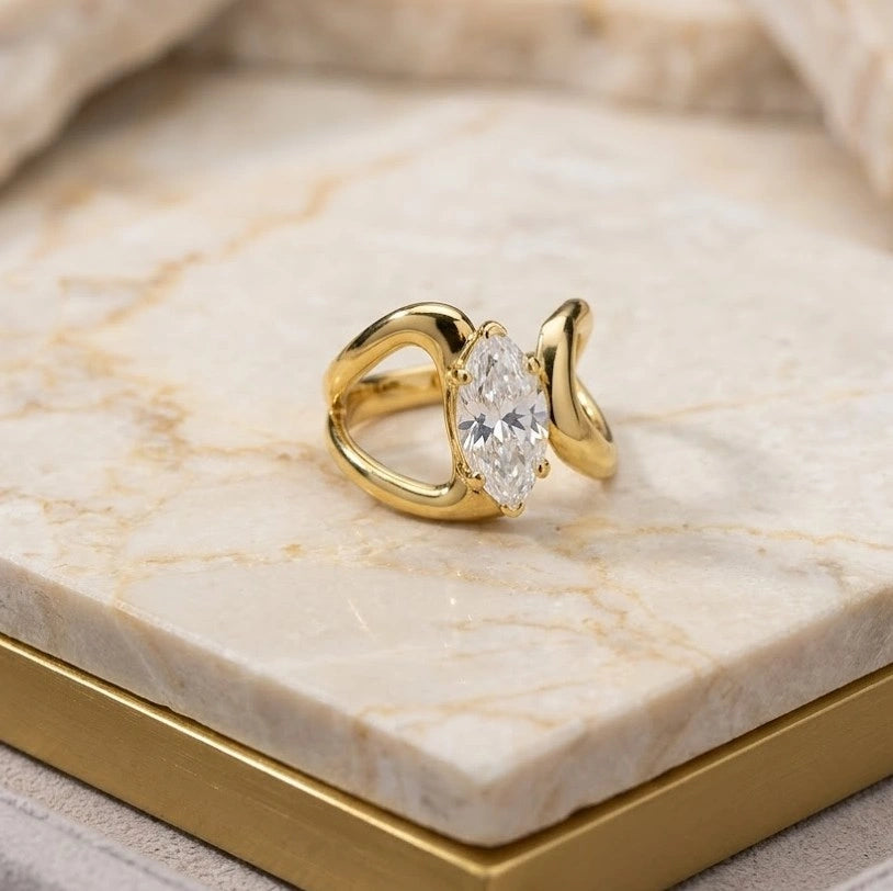 Modern Curve Crystal Statement Ring - Anti Tarnish Gold Plated