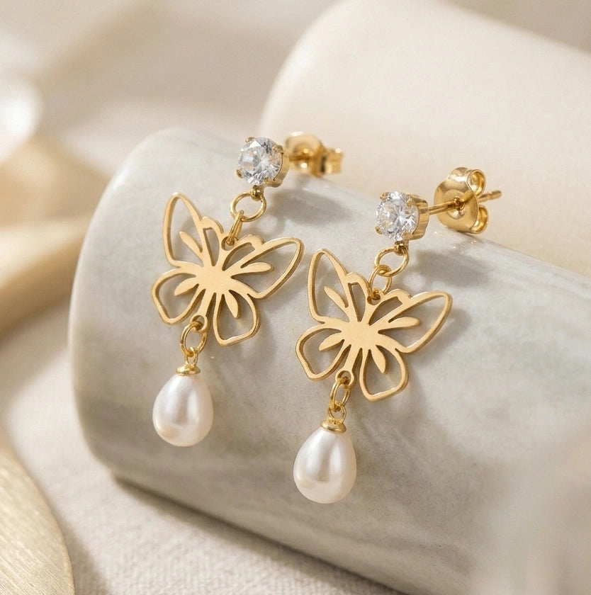 Butterfly Pearl Drop Earrings with Crystal Stud | High Quality Fashion Jewelry