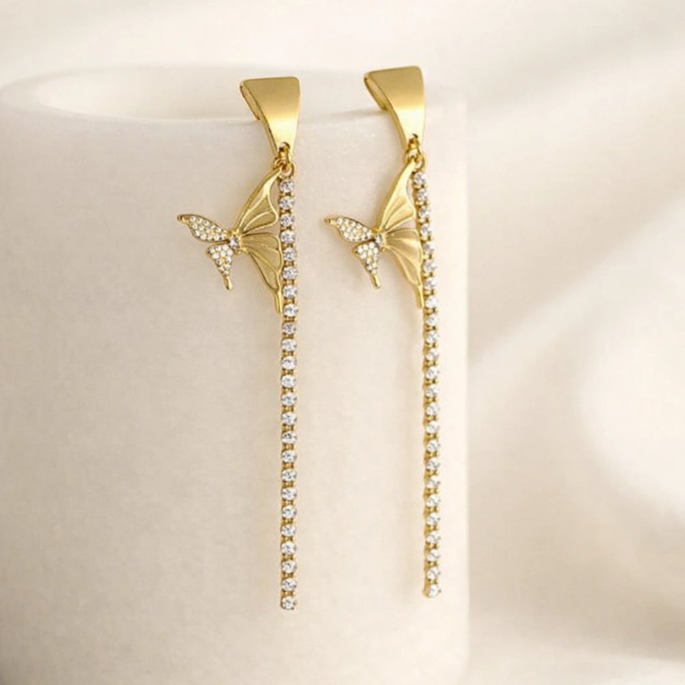 Butterfly Rhinestone Long Dangle Earrings - Anti Tarnish Gold Plated
