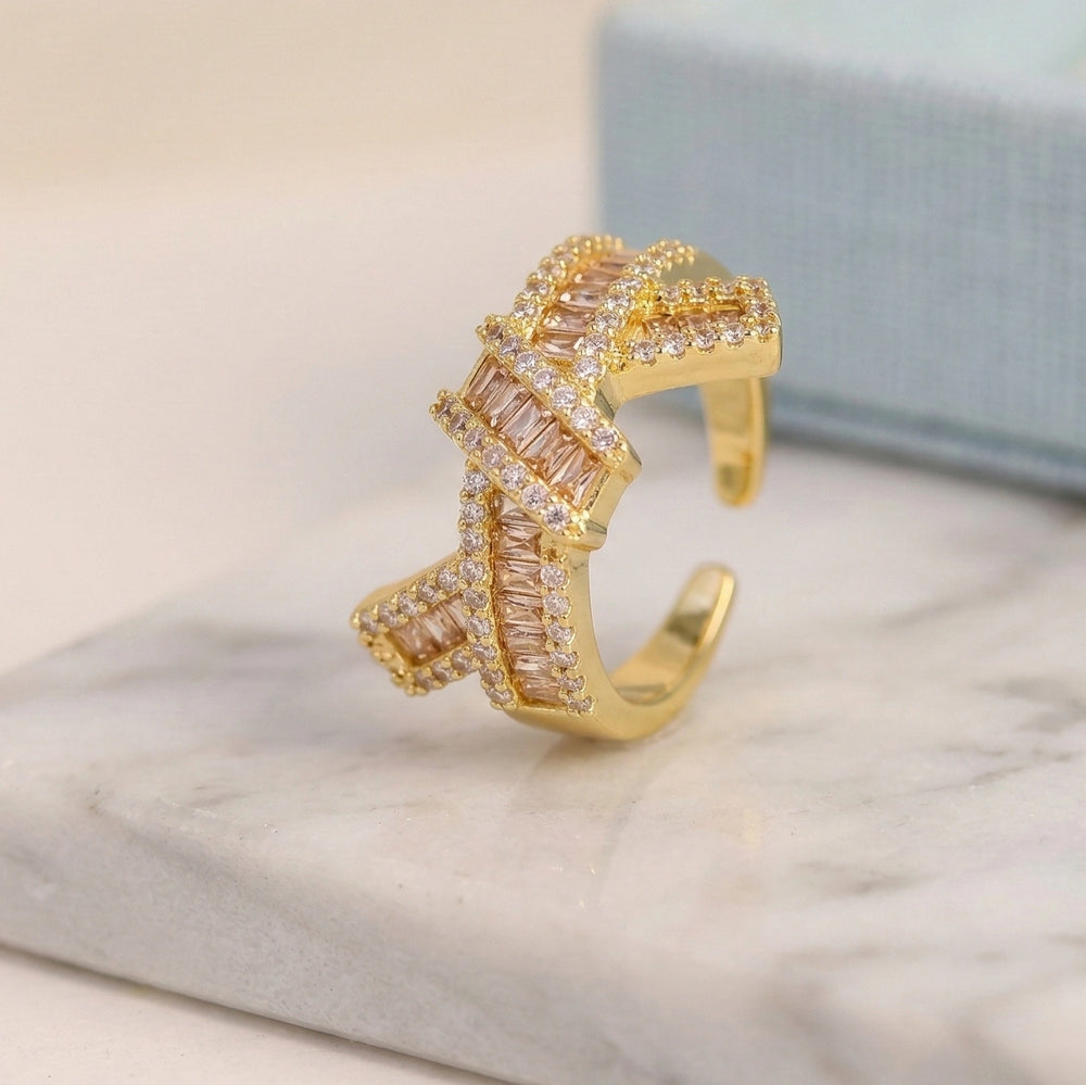 Designer Criss Cross Baguette Ring - Adjustable Gold Plated Fashion Jewelry