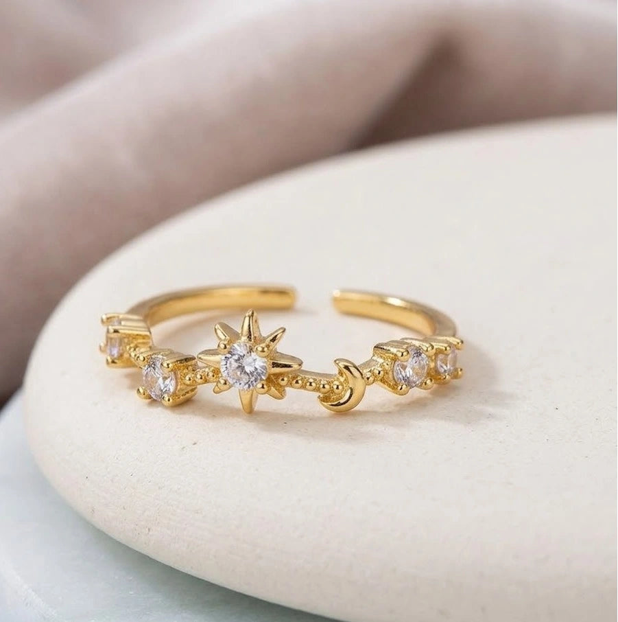 Celestial Star & Moon Dainty Ring | Anti-Tarnish Gold Plated
