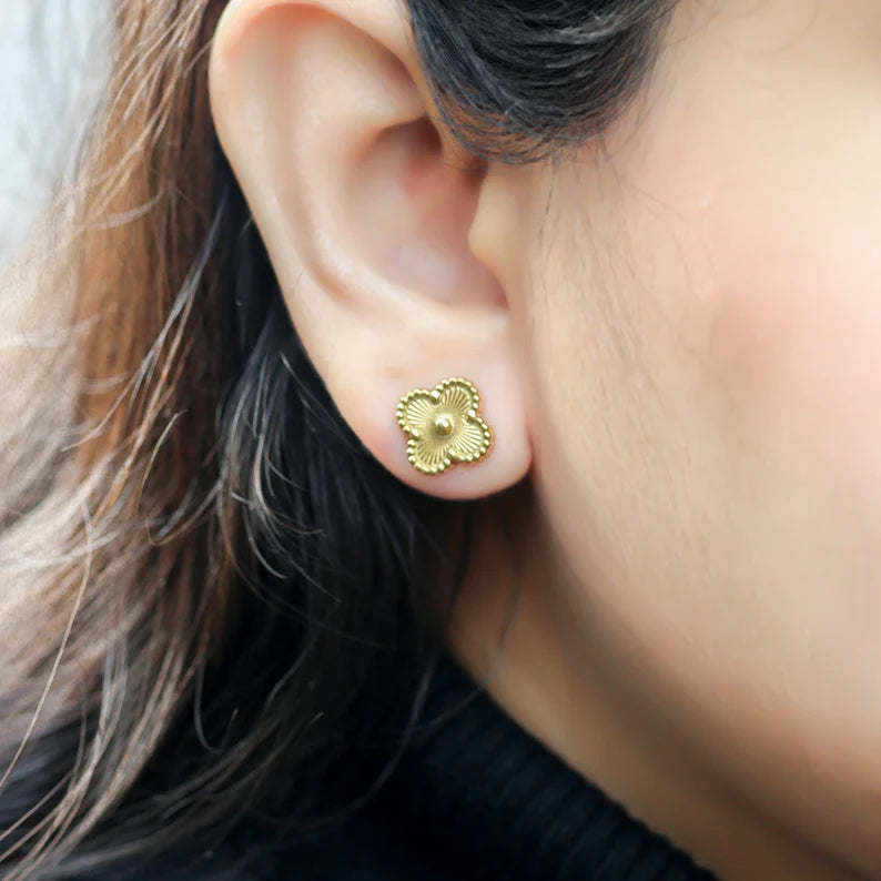 Anti-Tarnish Textured Clover Stud Earrings - Gold Plated Daily Wear