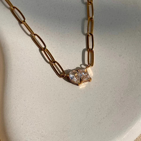 Anti-Tarnish Gold Plated Paperclip Necklace | Two-Stone CZ Pendant