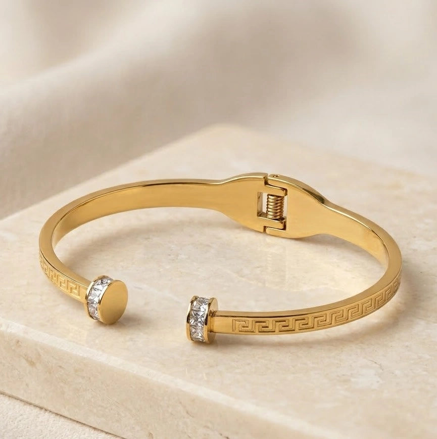 Greek Key Anti-Tarnish Gold Plated Open Cuff Bracelet with Sparkle Stones