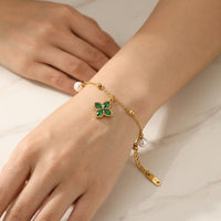 Four-Leaf Clover Green Stone Bracelet - Anti-Tarnish Gold-Plated with Pearl Charms