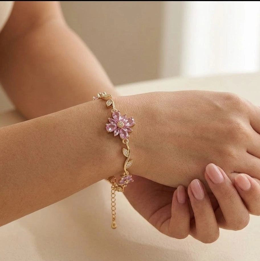 Pink Floral Vine Anti-Tarnish Gold-Plated Bracelet for Women