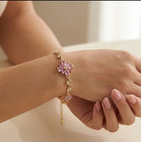 Pink Floral Vine Anti-Tarnish Gold-Plated Bracelet for Women