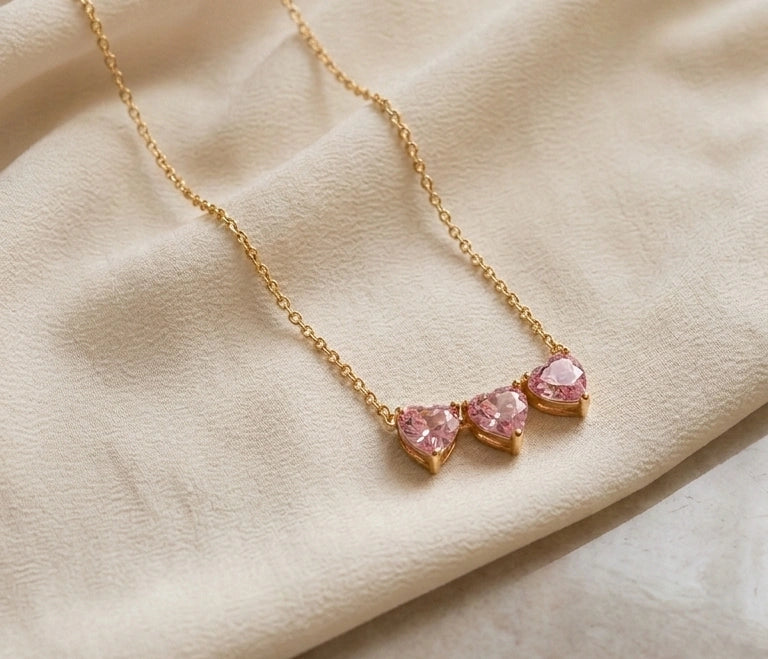 Triple Pink Heart Anti-Tarnish Gold Plated Necklace for Women