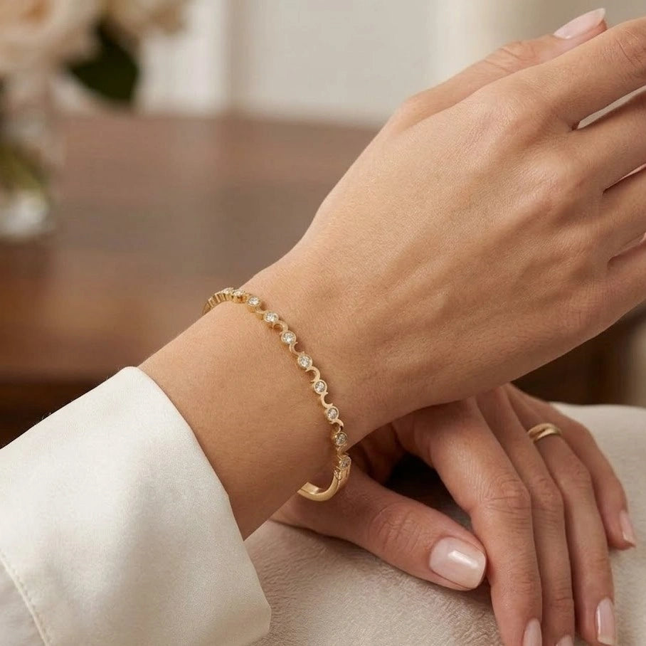 Scalloped Wave Crystal Bracelet - Anti-Tarnish Gold Plated