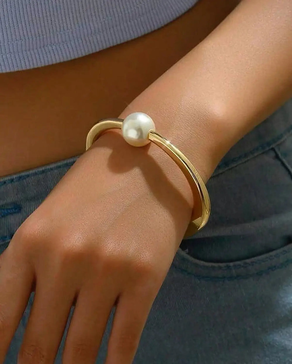 Minimalist Single Pearl Cuff Bangle - Anti Tarnish Gold Plated