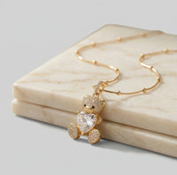 Teddy Bear Crystal Heart Pendant - Anti Tarnish Gold Plated Necklace