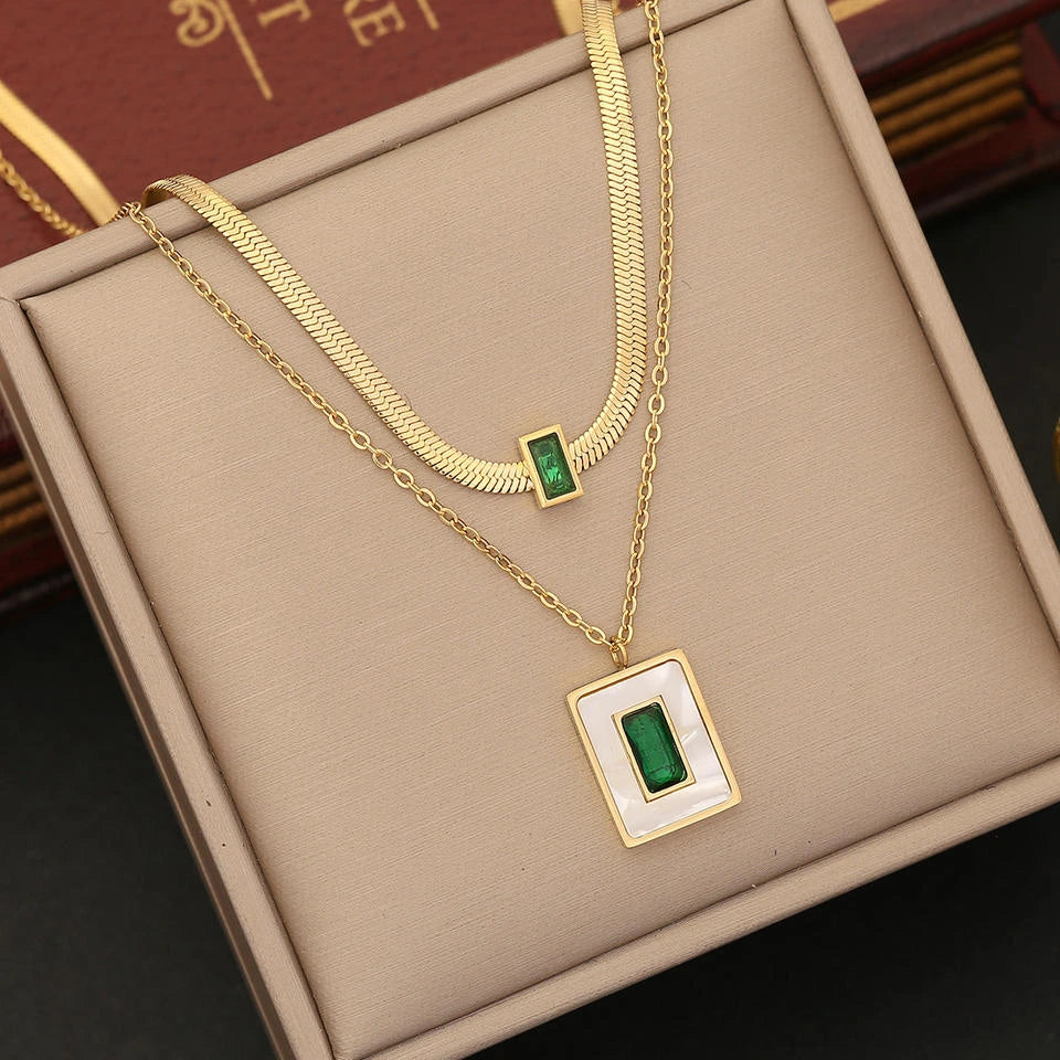 Emerald Green Stone Layered Necklace - Anti-Tarnish Gold Plated Herringbone Chain for Women
