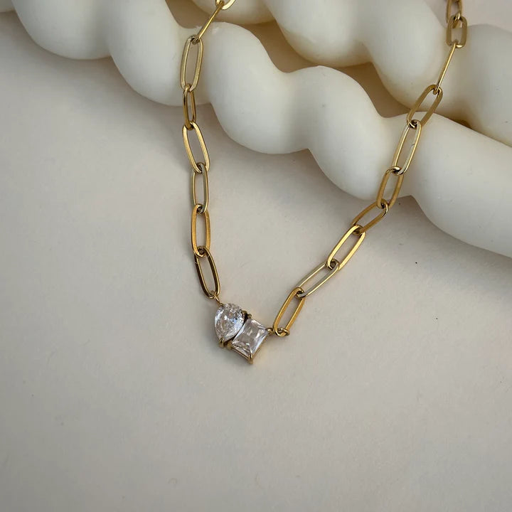 Anti-Tarnish Gold Plated Paperclip Necklace | Two-Stone CZ Pendant
