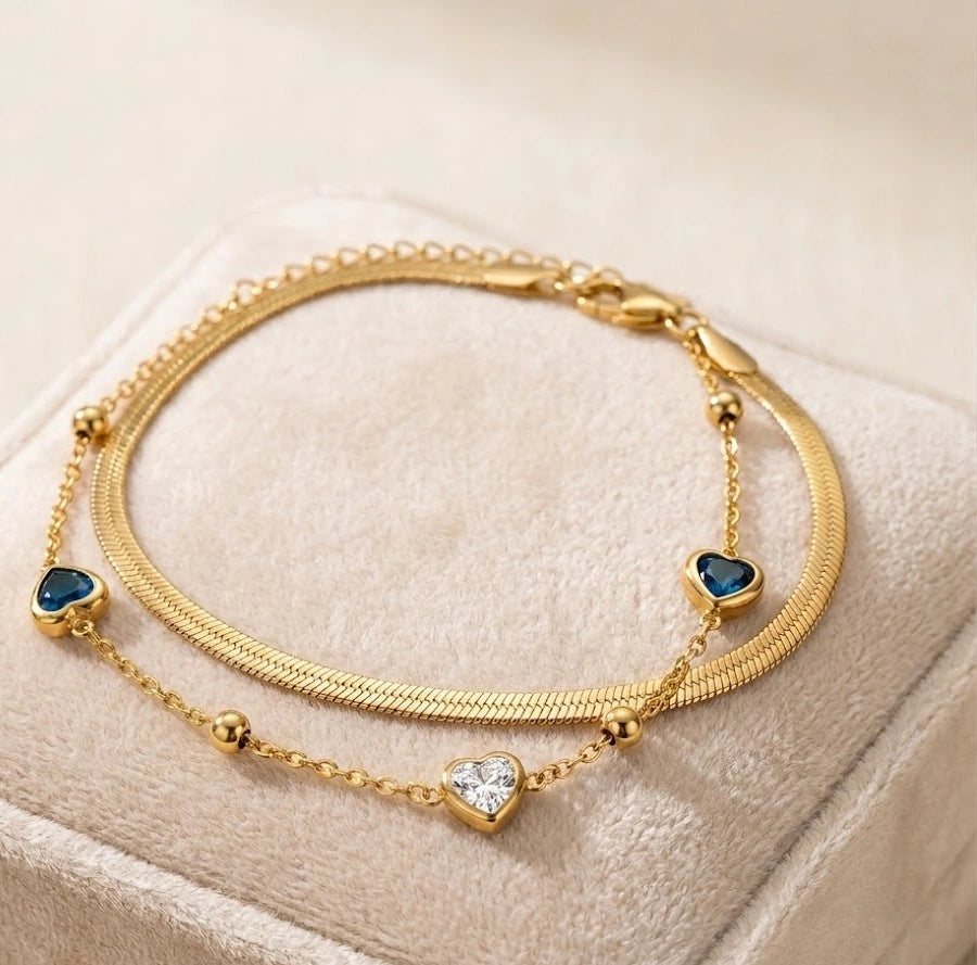 Double Layered Snake Chain Bracelet with Blue Heart Charms - Anti Tarnish