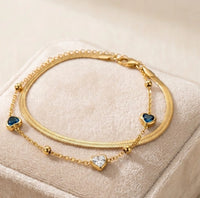 Double Layered Snake Chain Bracelet with Blue Heart Charms - Anti Tarnish