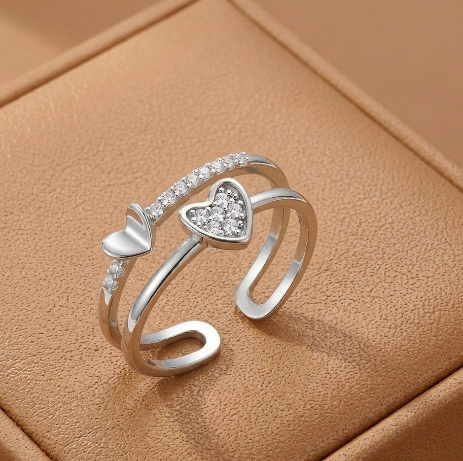 Double Layered Heart Adjustable Fashion Ring - Silver Finish Crystal Open Ring for Women