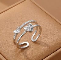 Double Layered Heart Adjustable Fashion Ring - Silver Finish Crystal Open Ring for Women