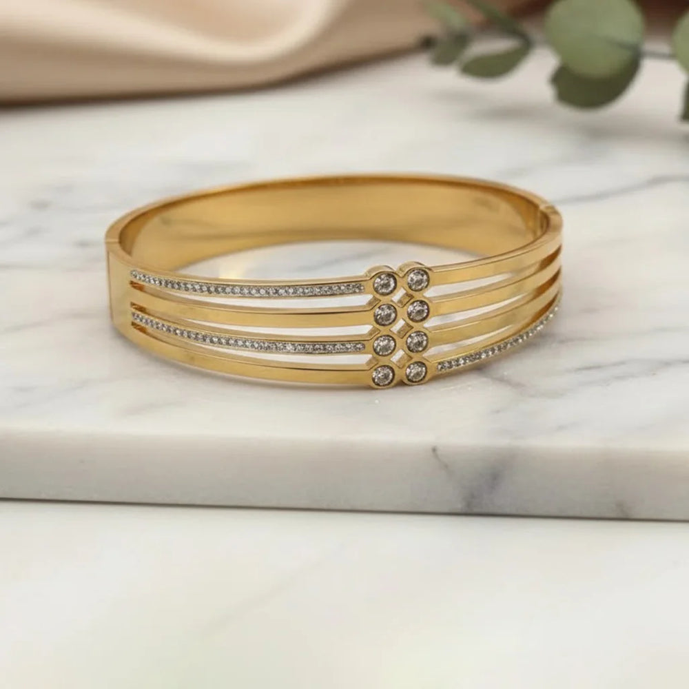 Triple Layer Crystal Studded Bangle - Anti-Tarnish Gold Plated Geometric Cuff Bracelet