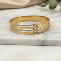 Triple Layer Crystal Studded Bangle - Anti-Tarnish Gold Plated Geometric Cuff Bracelet