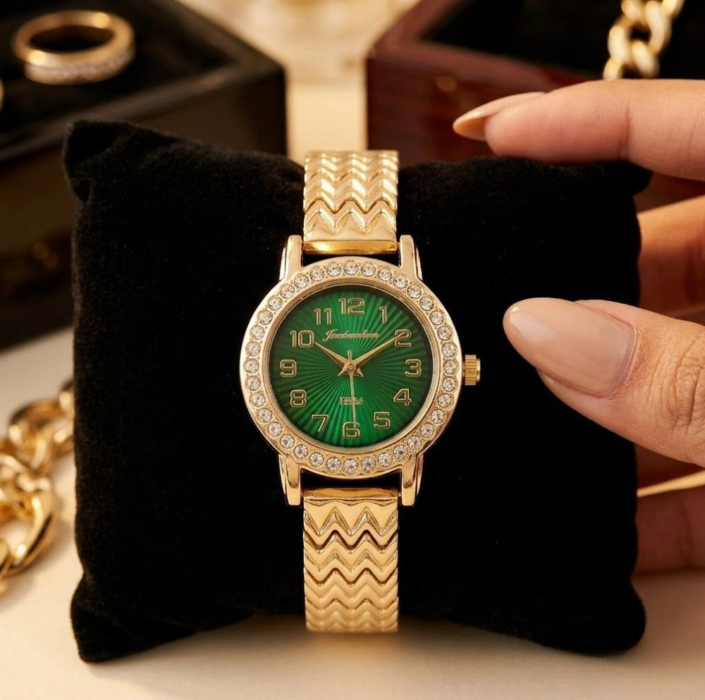 Elegant Green Dial Minimalist Anti-Tarnish Gold Plated Watch for Women