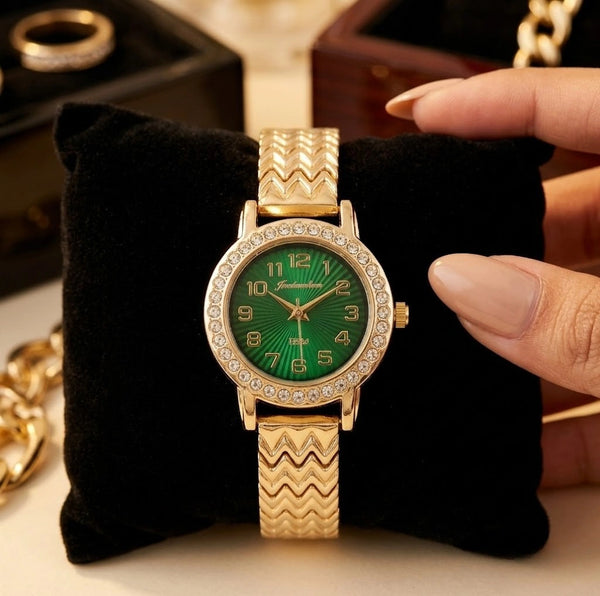 Stylish stone-studded bezel watch with green dial