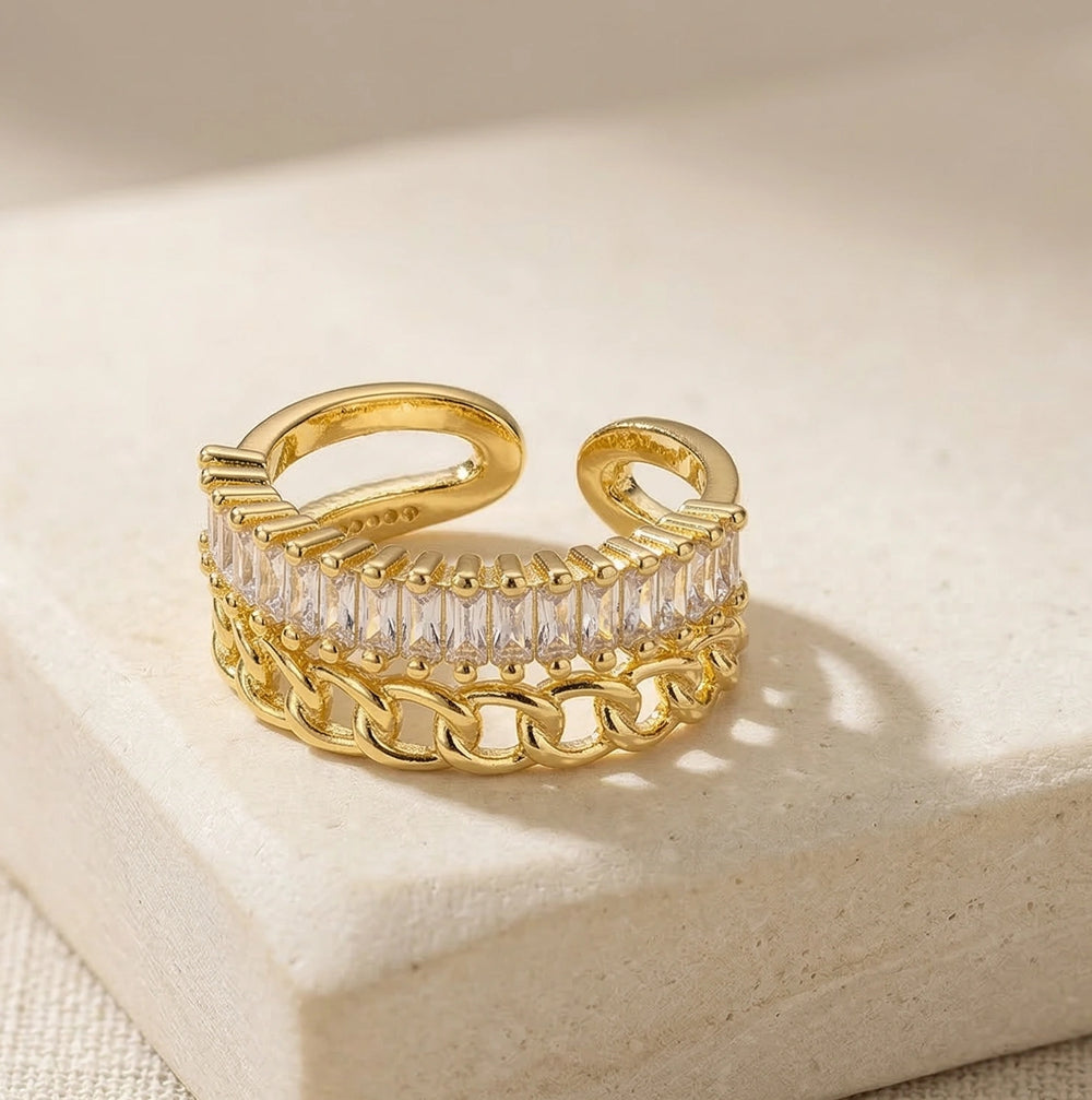 Gold Baguette & Chain Link Stackable Fashion Ring for Women