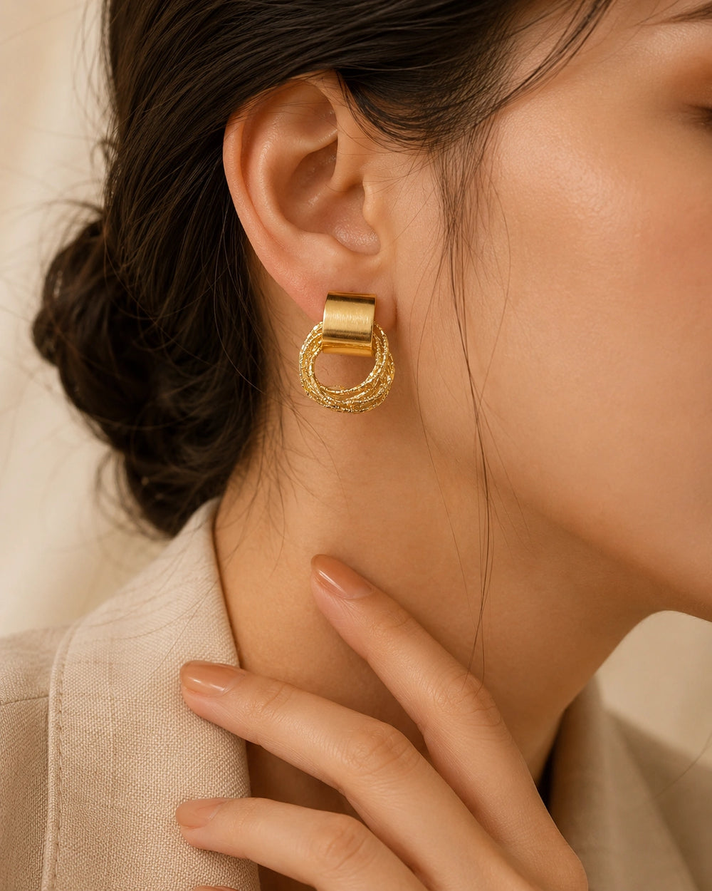 Chunky Gold Plated Textured Hoop Statement Earrings