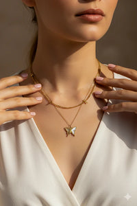 Anti-Tarnish Gold Plated Butterfly Layered Necklace | Pearl Inlay Double Chain