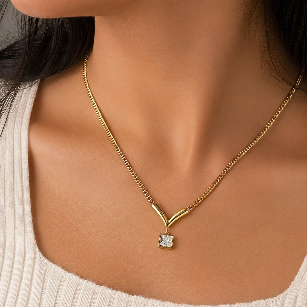 Anti-Tarnish Gold Plated V-Shape Geometric Necklace with Square Crystal