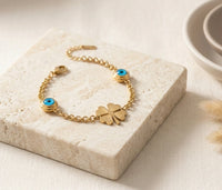 Four Leaf Clover & Evil Eye Charm Bracelet - Anti Tarnish Gold Plated