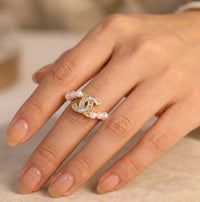 Korean Interlocking C Pearl & Crystal Gold Ring