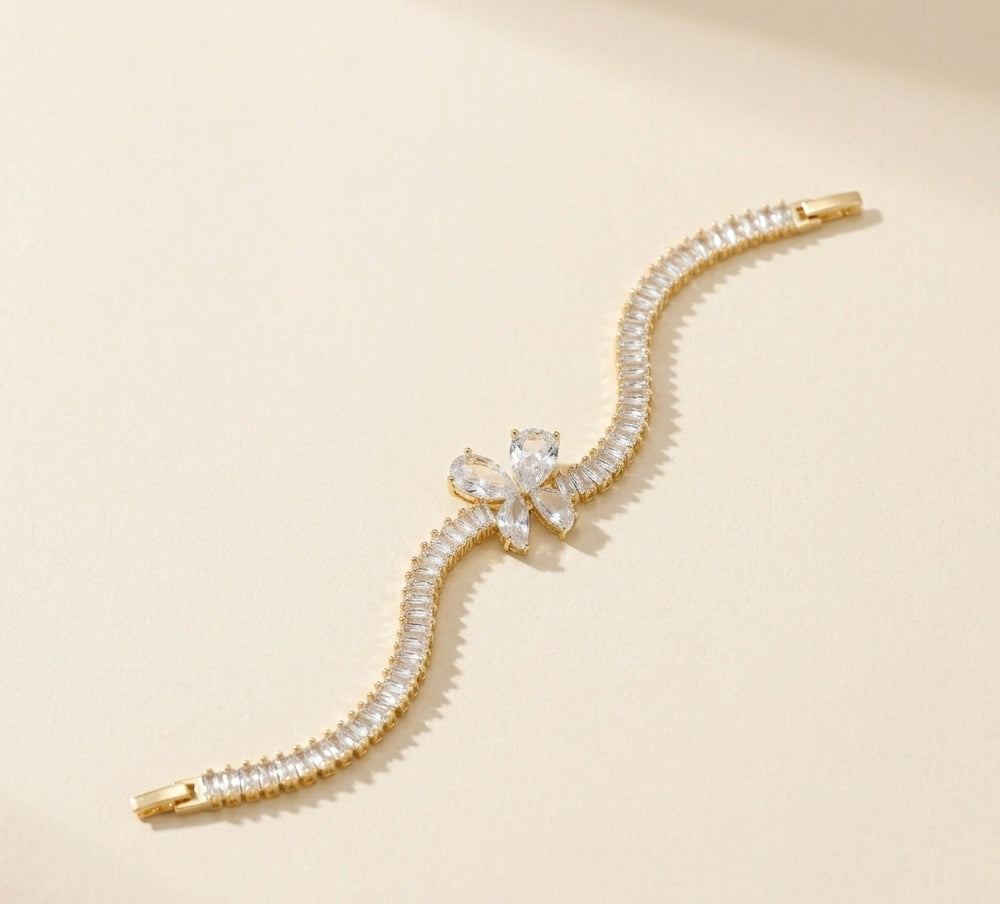 Anti-Tarnish Gold Plated Baguette CZ Floral Bracelet for Women