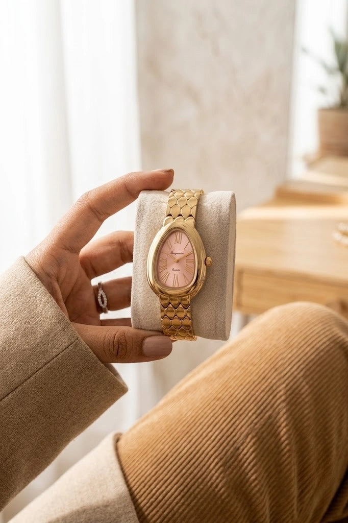 Moncheri Luxury Serpent Oval Watch - Anti-Tarnish Gold Plated with Blush Pink Dial