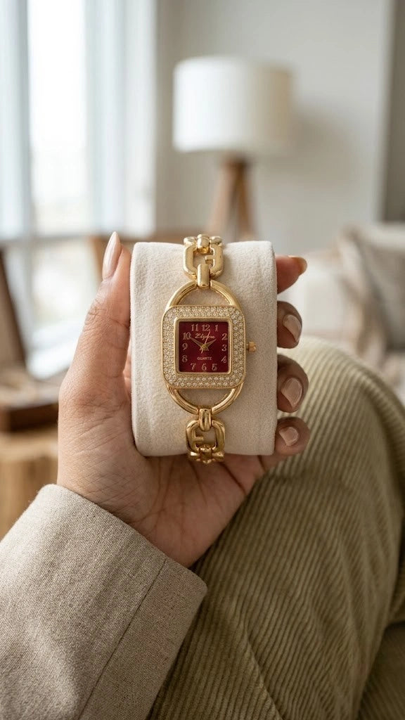 Vintage Red Dial Square Watch - Anti-Tarnish Gold Plated | Moncheri Jewels