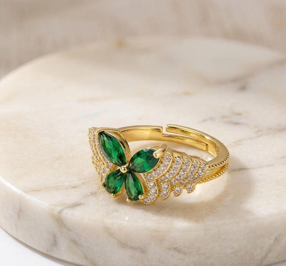 Green Crystal Butterfly Ring - High Quality Gold Fashion Jewelry