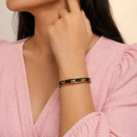 Anti-Tarnish Gold Plated Monogram Bangle - Brown Enamel Vintage Style Bracelet